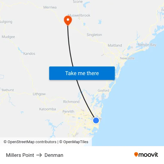 Millers Point to Denman map
