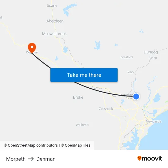 Morpeth to Denman map