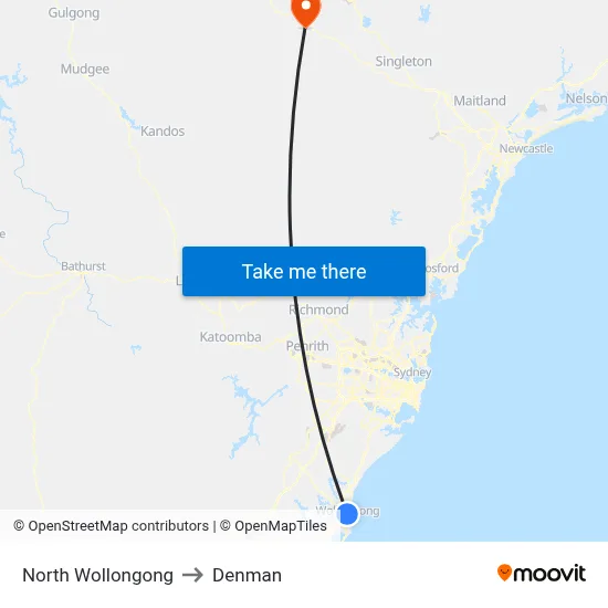 North Wollongong to Denman map