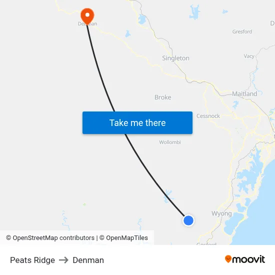 Peats Ridge to Denman map