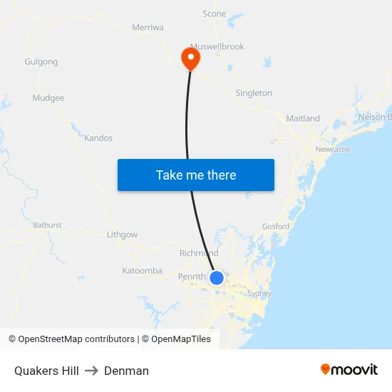 Quakers Hill to Denman map