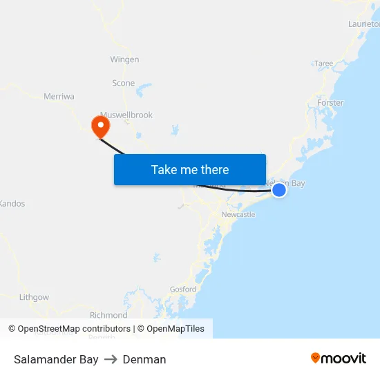 Salamander Bay to Denman map