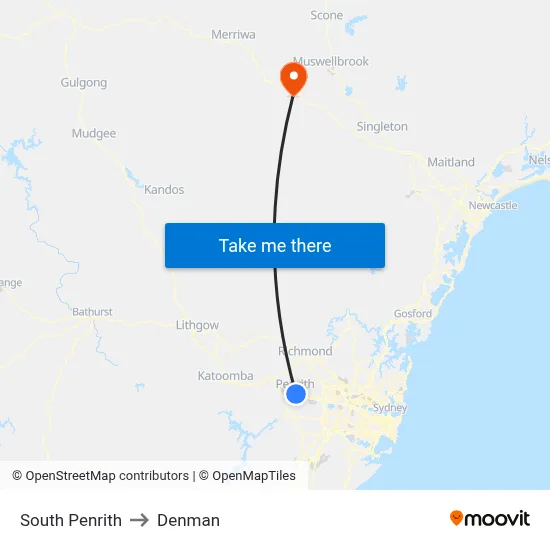 South Penrith to Denman map