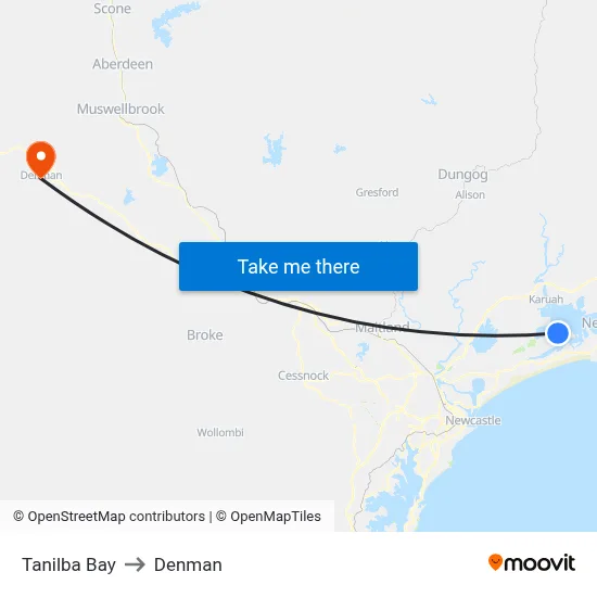 Tanilba Bay to Denman map