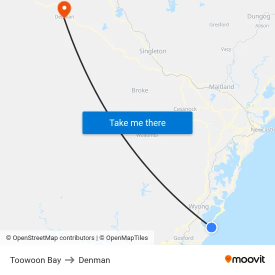 Toowoon Bay to Denman map