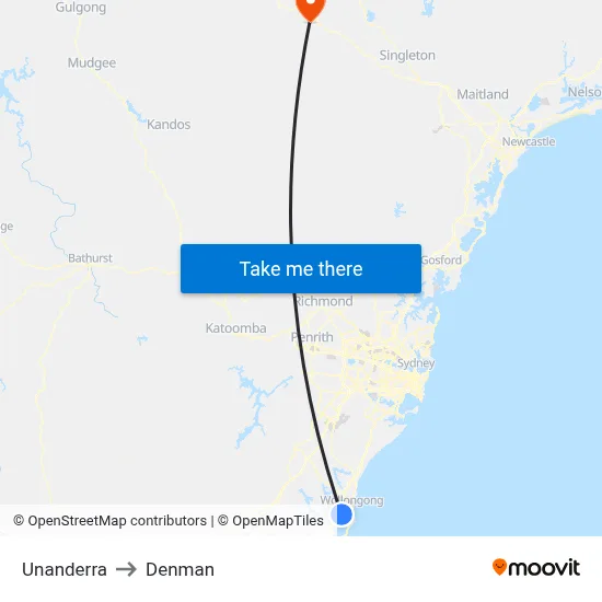 Unanderra to Denman map