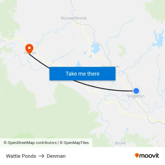 Wattle Ponds to Denman map
