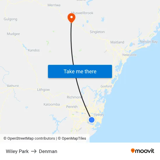 Wiley Park to Denman map