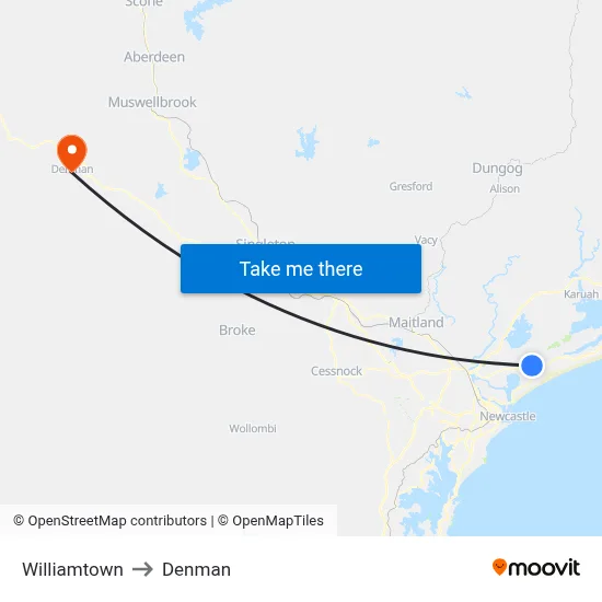 Williamtown to Denman map