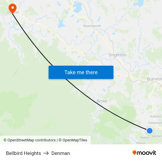 Bellbird Heights to Denman map