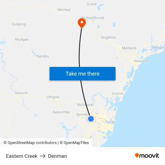 Eastern Creek to Denman map