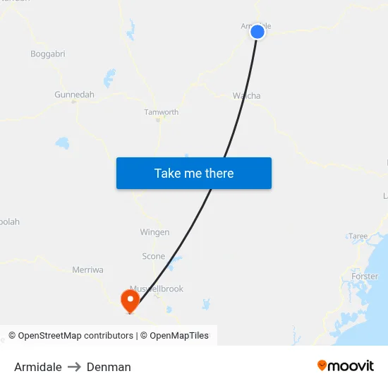 Armidale to Denman map