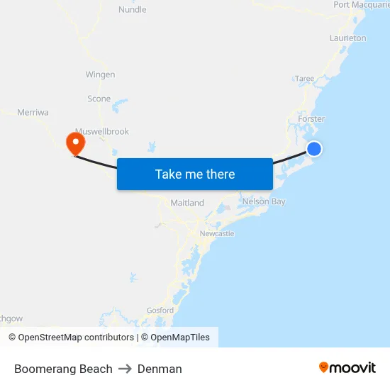Boomerang Beach to Denman map