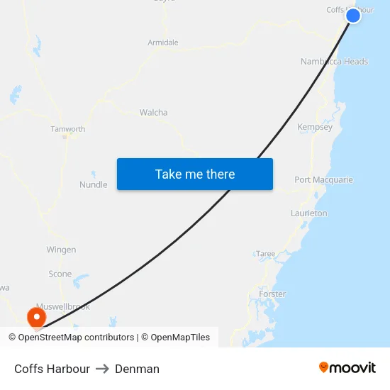 Coffs Harbour to Denman map