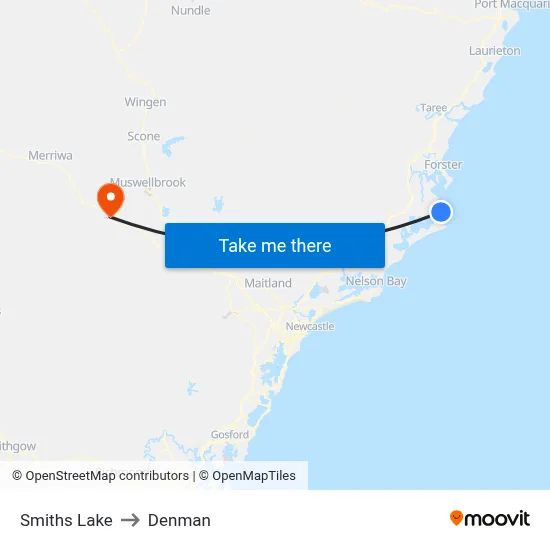 Smiths Lake to Denman map