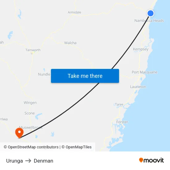 Urunga to Denman map