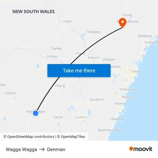 Wagga Wagga to Denman map