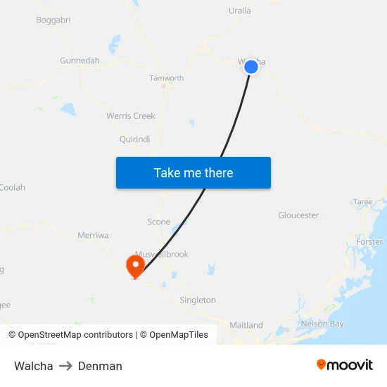 Walcha to Denman map