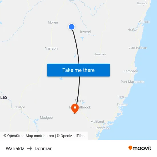 Warialda to Denman map