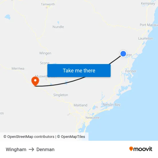 Wingham to Denman map
