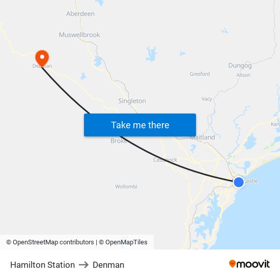 Hamilton Station to Denman map