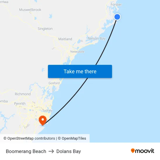 Boomerang Beach to Dolans Bay map
