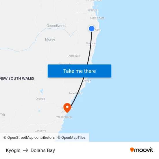 Kyogle to Dolans Bay map