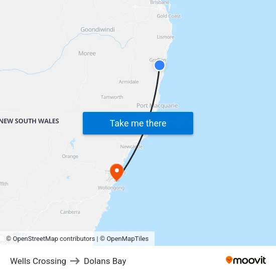 Wells Crossing to Dolans Bay map