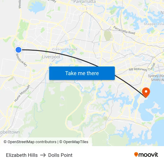 Elizabeth Hills to Dolls Point map