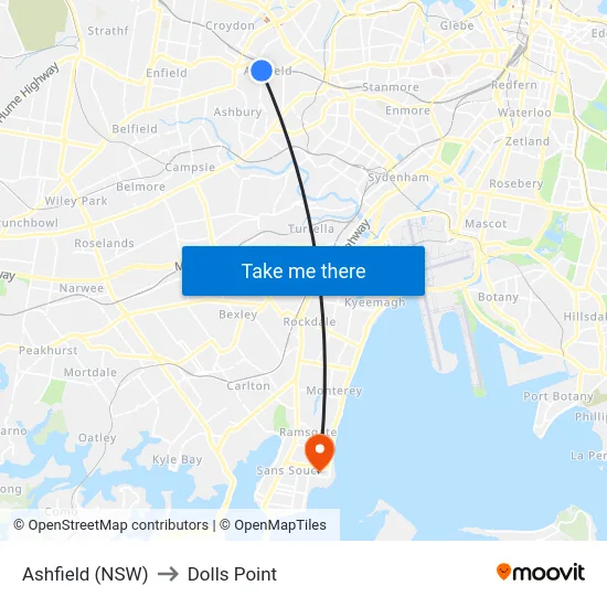 Ashfield (NSW) to Dolls Point map