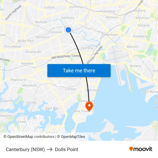 Canterbury (NSW) to Dolls Point map