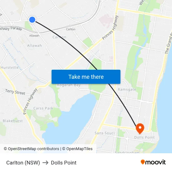 Carlton (NSW) to Dolls Point map