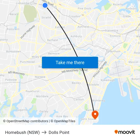 Homebush (NSW) to Dolls Point map