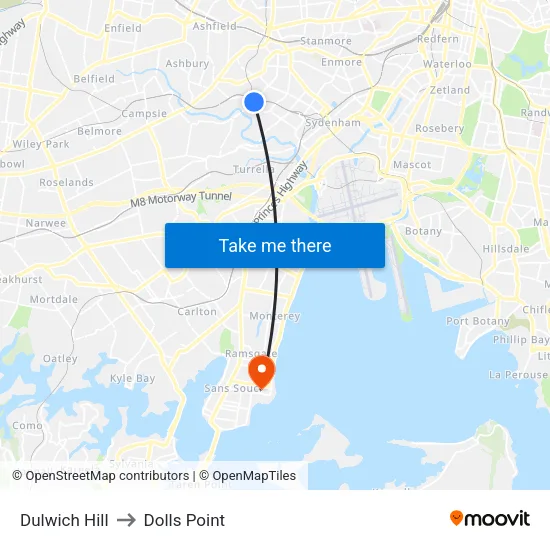 Dulwich Hill to Dolls Point map
