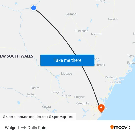 Walgett to Dolls Point map