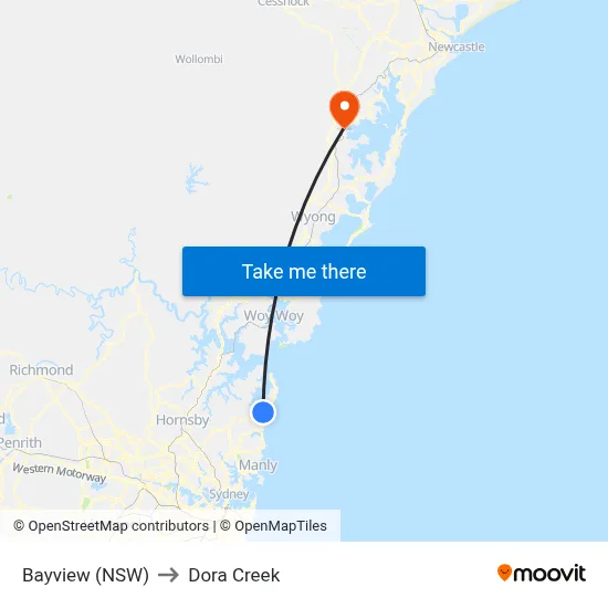 Bayview (NSW) to Dora Creek map