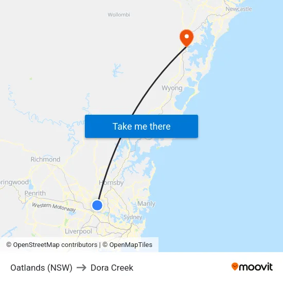 Oatlands (NSW) to Dora Creek map