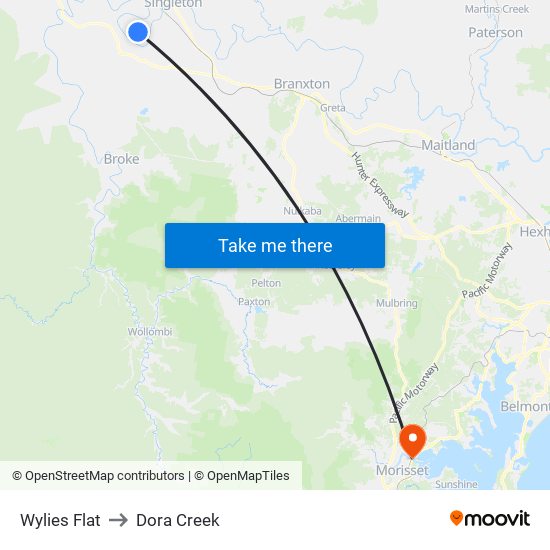 Wylies Flat to Dora Creek map