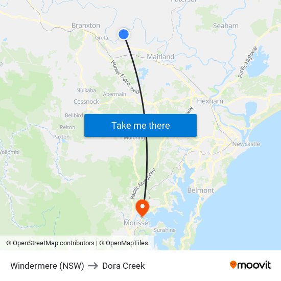 Windermere (NSW) to Dora Creek map