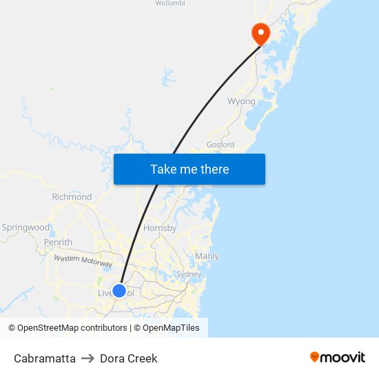 Cabramatta to Dora Creek map