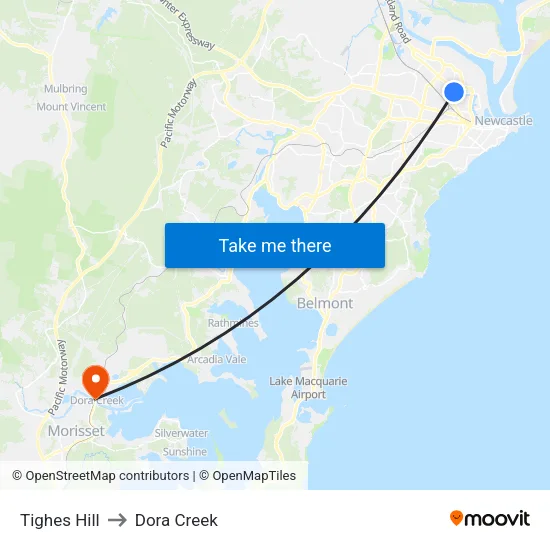 Tighes Hill to Dora Creek map