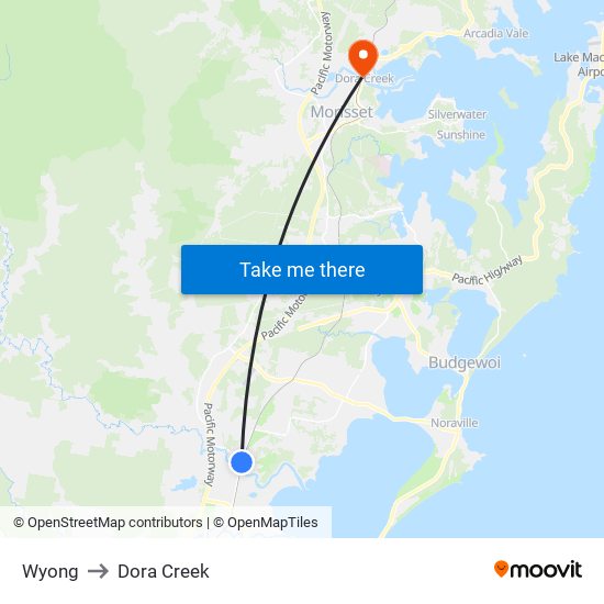 Wyong to Dora Creek map