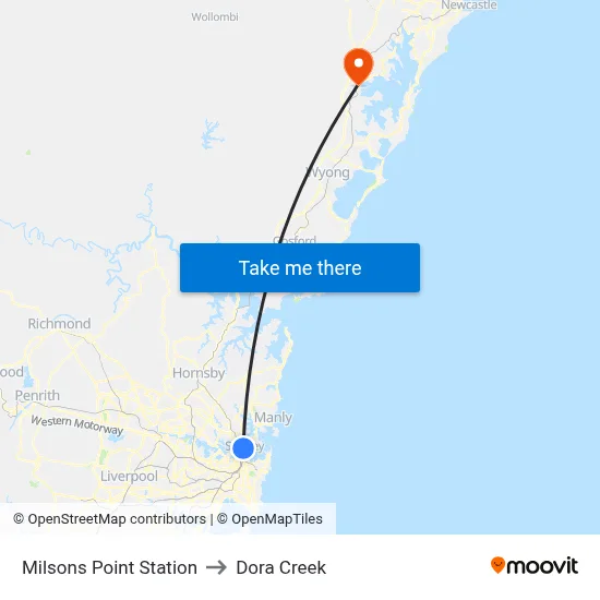 Milsons Point Station to Dora Creek map