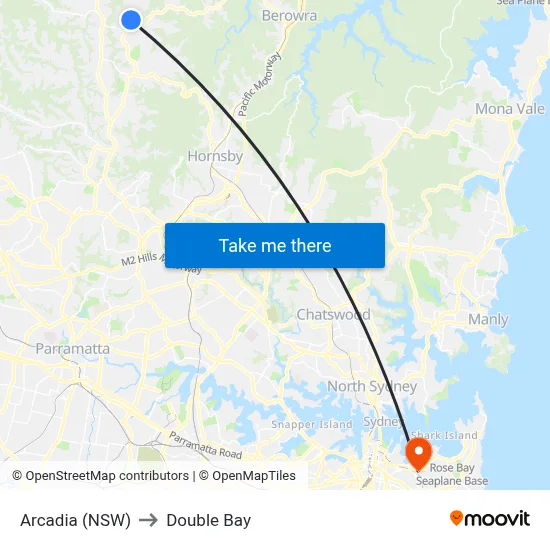 Arcadia (NSW) to Double Bay map