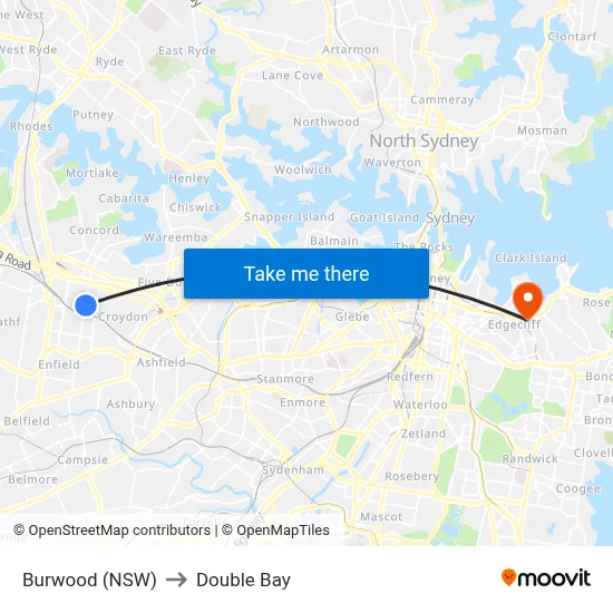Burwood (NSW) to Double Bay map