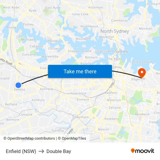 Enfield (NSW) to Double Bay map