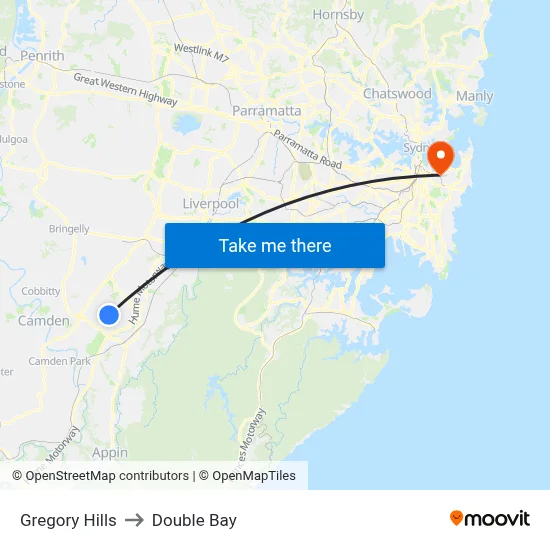Gregory Hills to Double Bay map