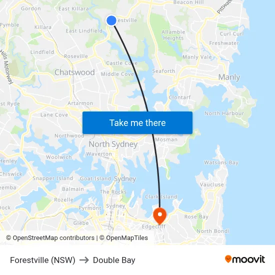 Forestville (NSW) to Double Bay map