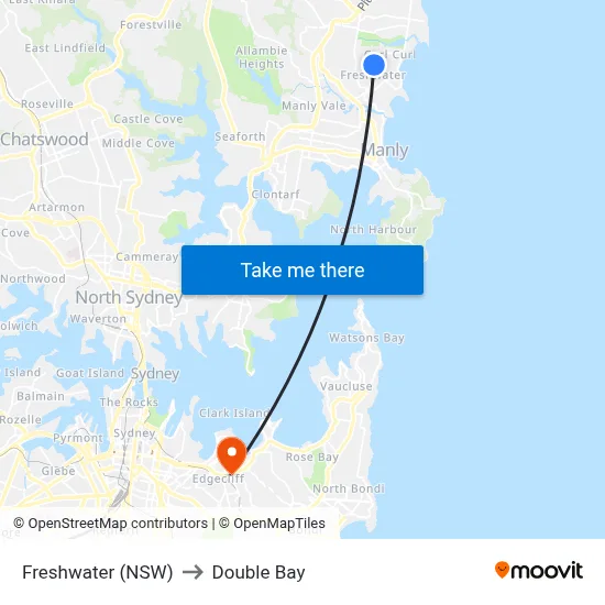 Freshwater (NSW) to Double Bay map