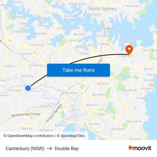 Canterbury (NSW) to Double Bay map